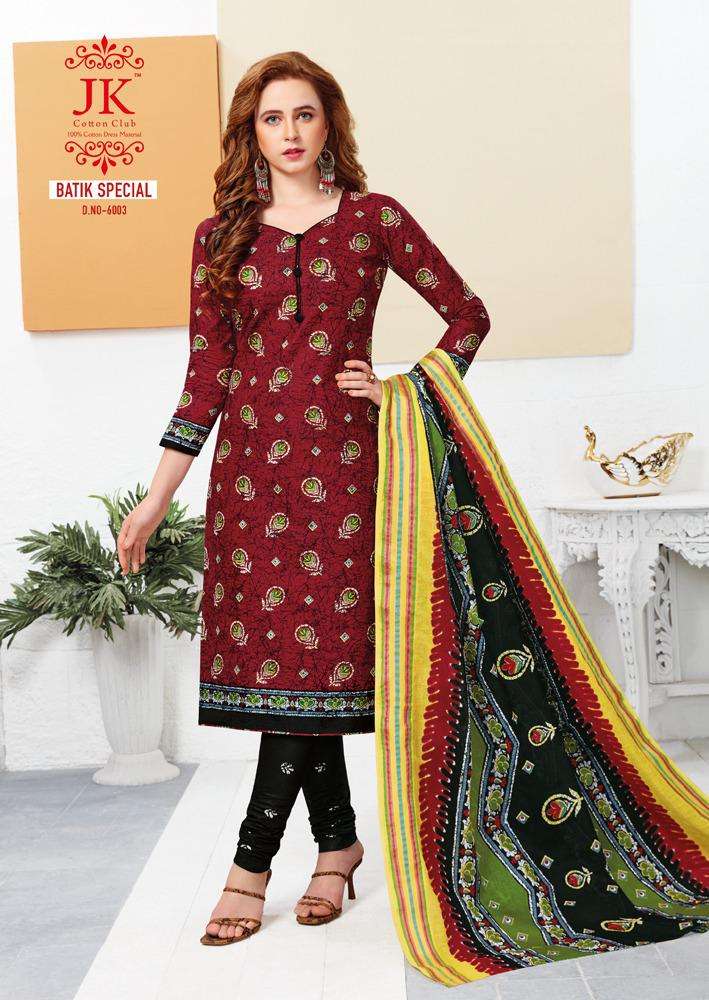 BATIK SPECIAL VOL-6 BY JK COTTON CLUB 6001 TO 6010 SERIES DESIGNER PATIYALA SUITS BEAUTIFUL FANCY COLORFUL STYLISH PARTY WEAR & ETHNIC WEAR COTTON PRINTED DRESSES AT WHOLESALE PRICE